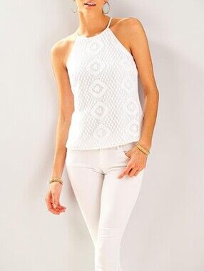Lilly Pulitzer Reema Lace Halter Tank Top Resort White Floral Crochet L